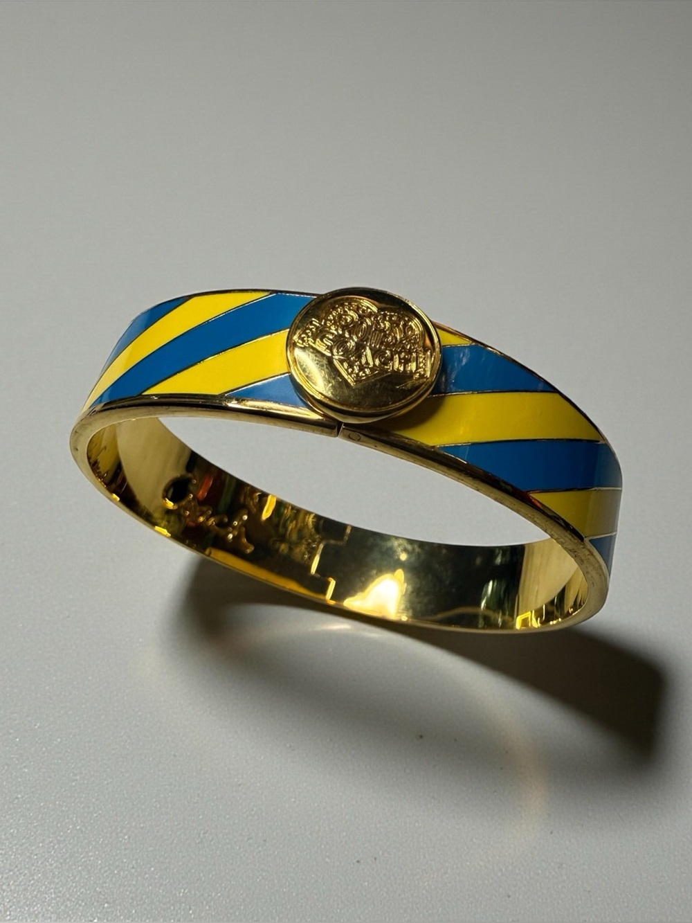 Vintage Coach Poppy Blue Yellow Enamel Hinged Bangle Bracelet Gold Tone Rare